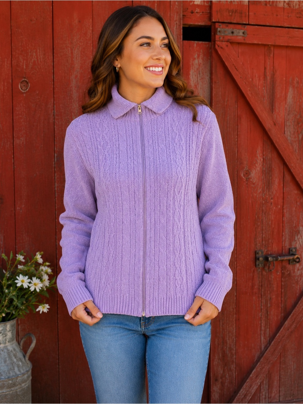 Alfred Dunner Lavender Purple Chenille Cable Knit Zip Cardigan Sweater Women’s S